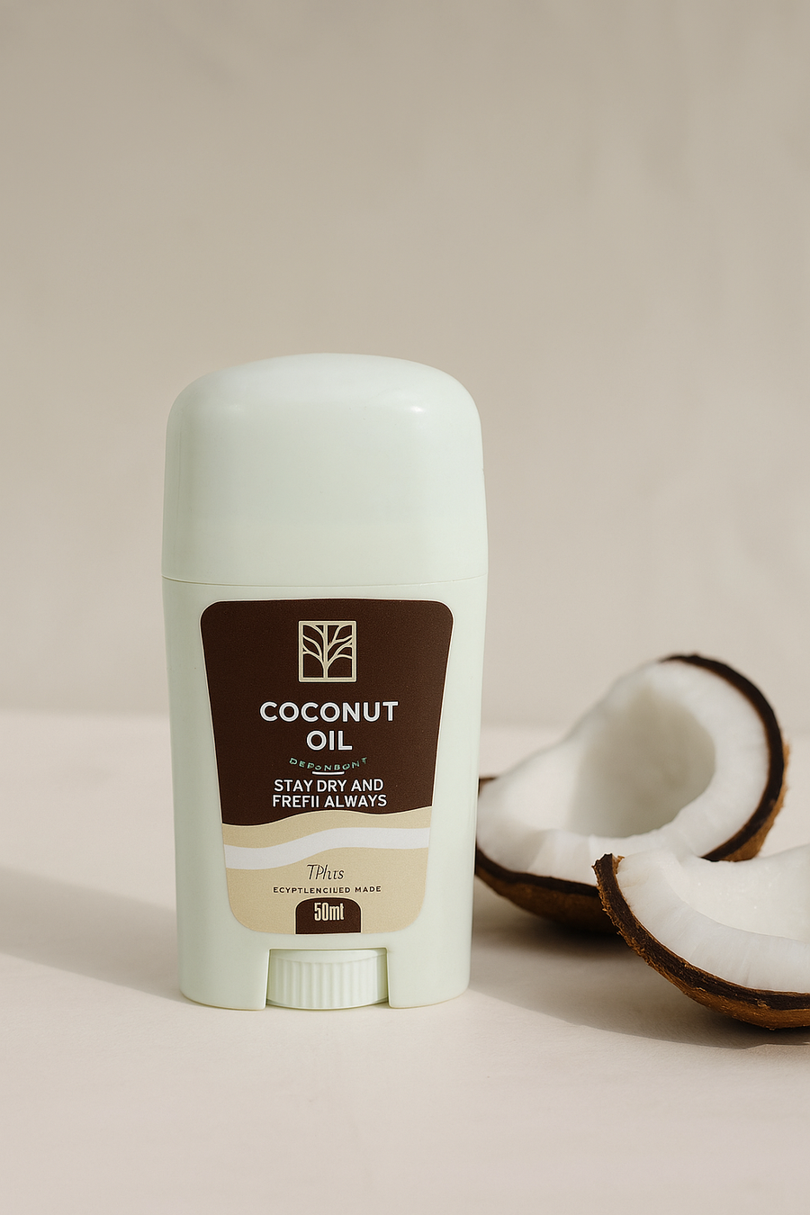 deodorant stick of coconut oil with a half-coconut on a beige background