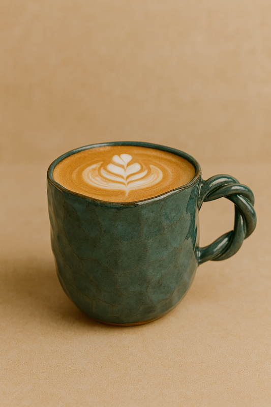 Green ceramic mug with a heart-shaped latte art on a beige background
