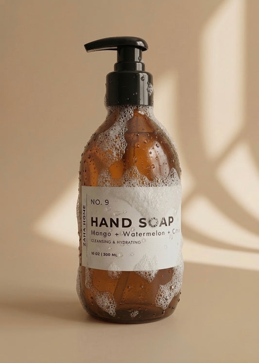 Brown hand soap bottle with pump on a beige background