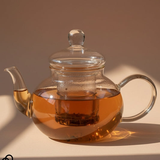 Clear glass teapot with a lid on a beige background