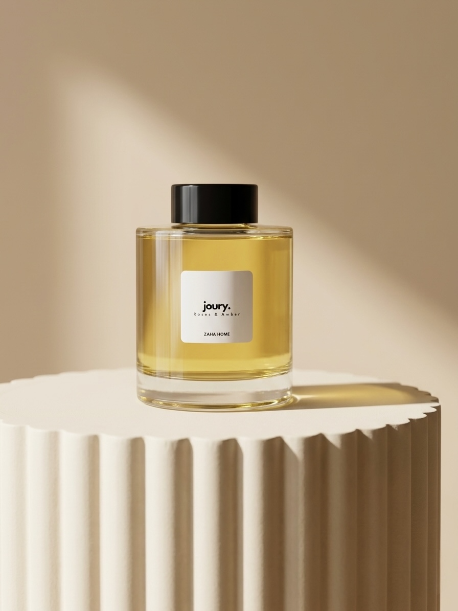 Jar of reed diffuser on a textured surface with a neutral background