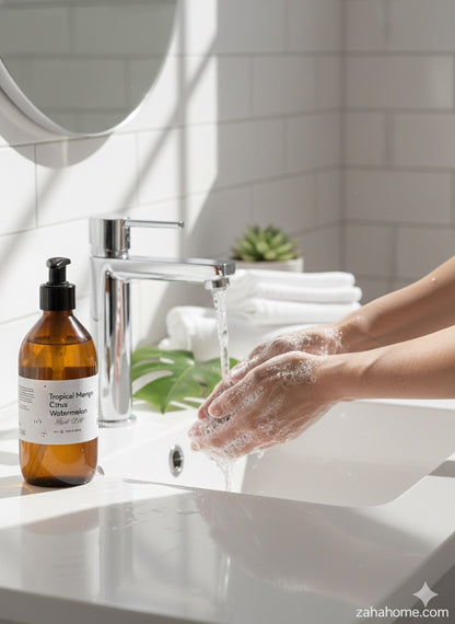 Person washing hands with soap under a faucet, with a bottle of soap and mirror in the background.
