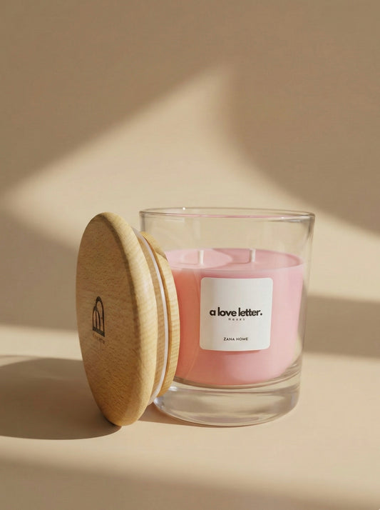 Pink candle in a glass jar with a wooden lid on a beige background