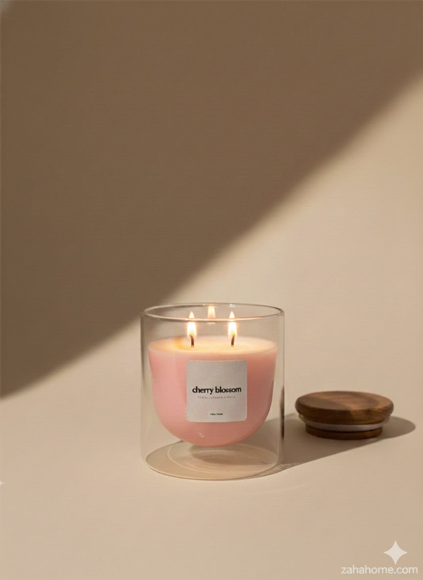 Pink candle in a glass holder with a wooden lid on a beige background