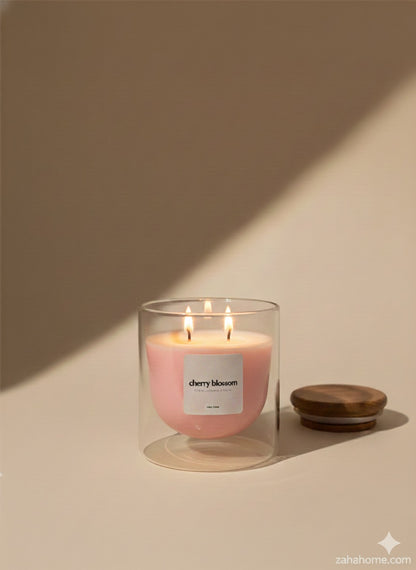 Pink candle in a glass holder with a wooden lid on a beige background