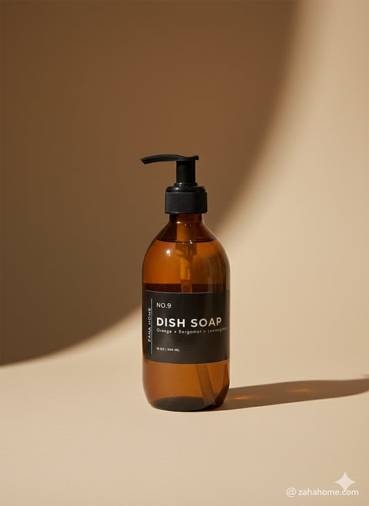 Brown dish soap bottle with pump on a beige background