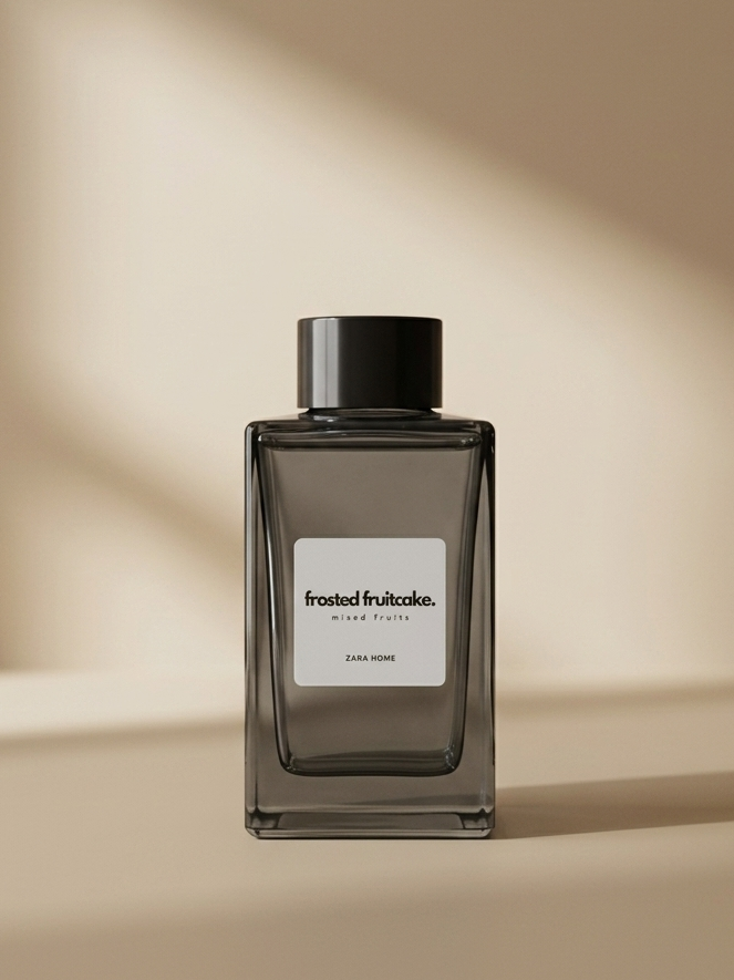 Dark glass perfume bottle with a label on a beige background