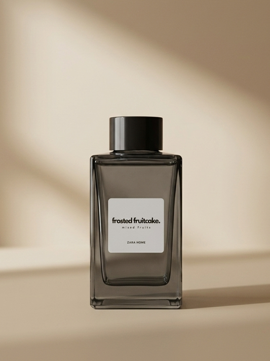 Dark glass perfume bottle with a label on a beige background