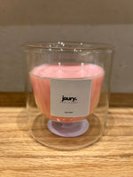 A double-walled glass candle with a wooden lid and a label that reads 'Serenity', featuring a clear wax candle inside.