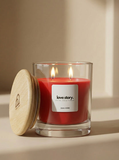 Red candle in a glass jar with a wooden lid on a neutral background
