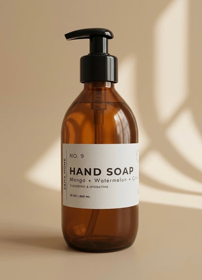 Brown hand soap bottle with pump on a beige background
