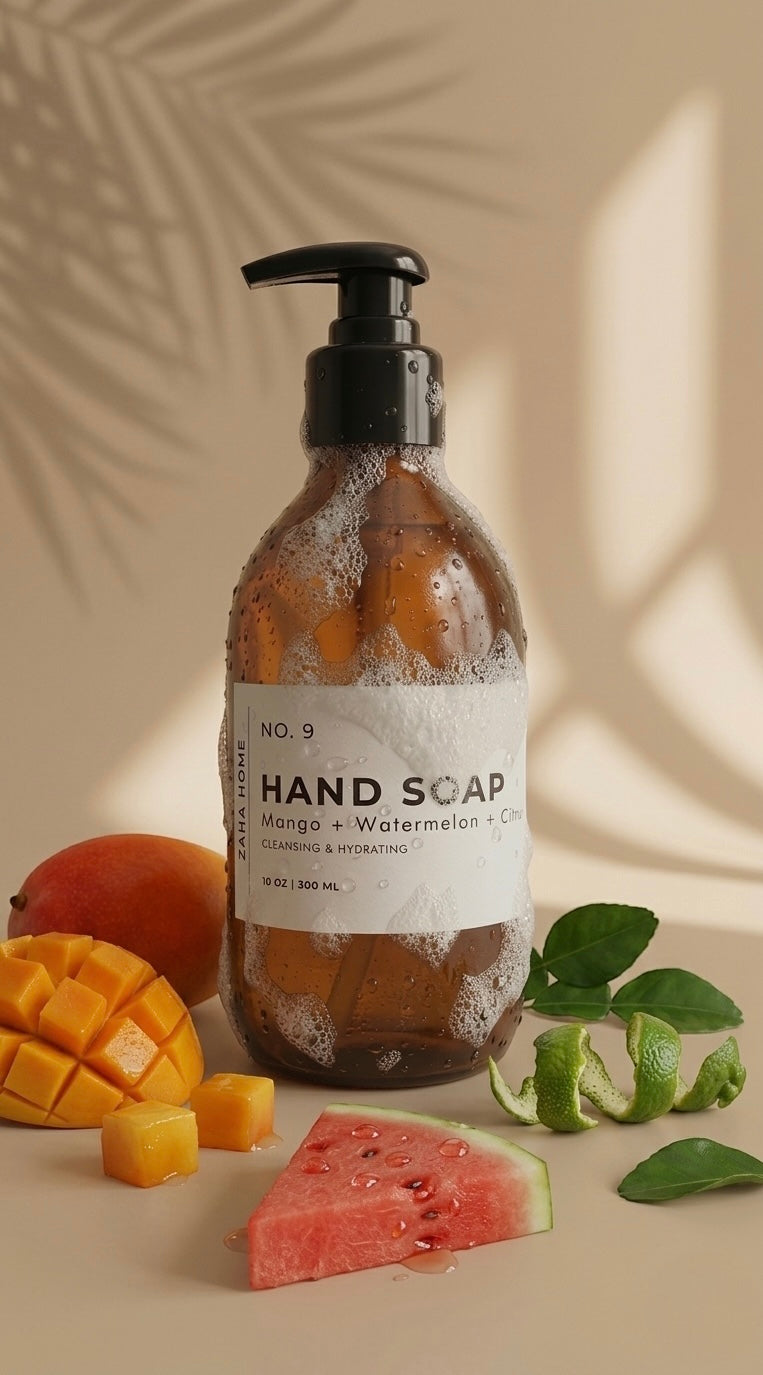 Hand soap bottle with mango and watermelon slices on a beige background