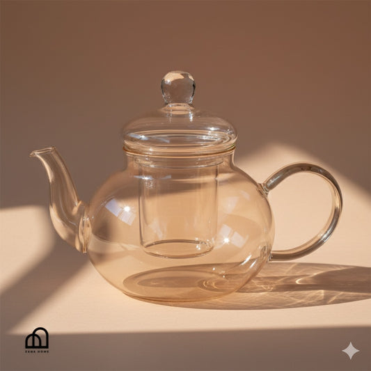 Clear glass teapot on a beige background
