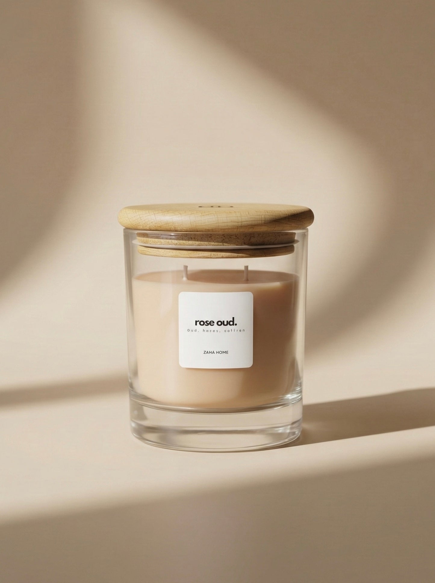 Candle in a glass jar with a wooden lid on a beige background