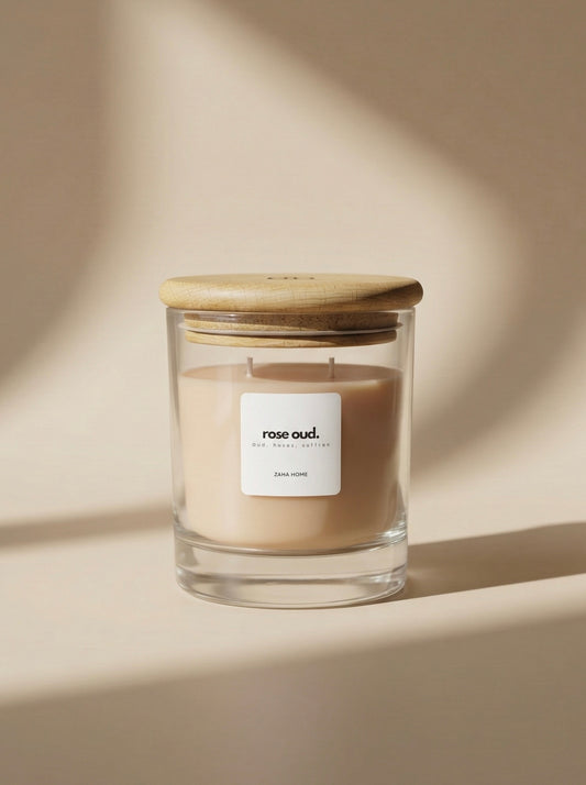 Candle in a glass jar with a wooden lid on a beige background