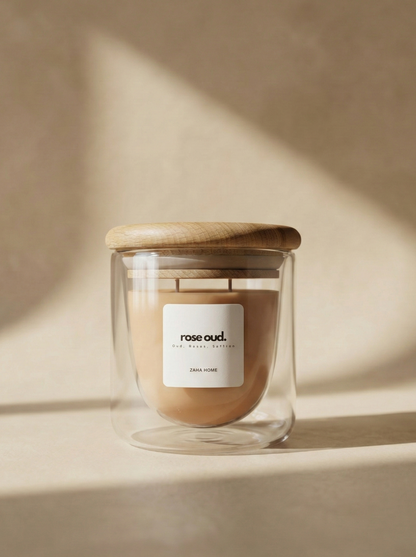 Glass candle with wooden lid on a neutral background