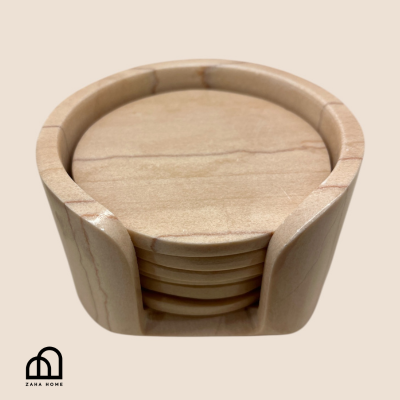 Set of wooden coasters with a holder on a beige background