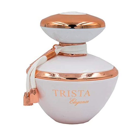 White and rose gold Trista Elegance perfume bottle on a white background