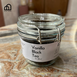 Jar of Vanilla Black Tea on a marble surface with Zara Home logo.