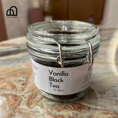 Jar of Vanilla Black Tea on a marble surface with Zara Home logo.