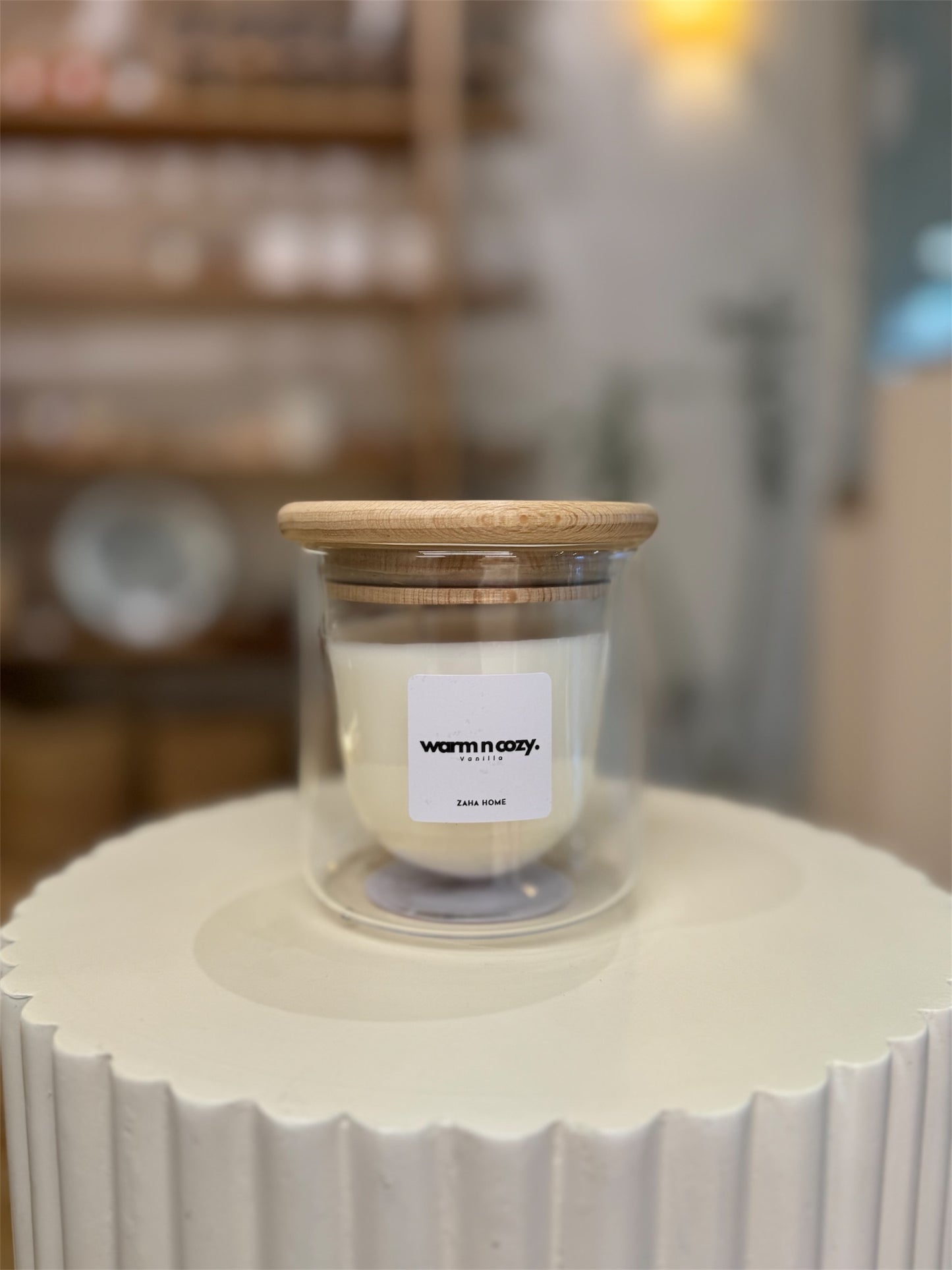 Vanilla Candle in pyrex double glass container and wooden lid.