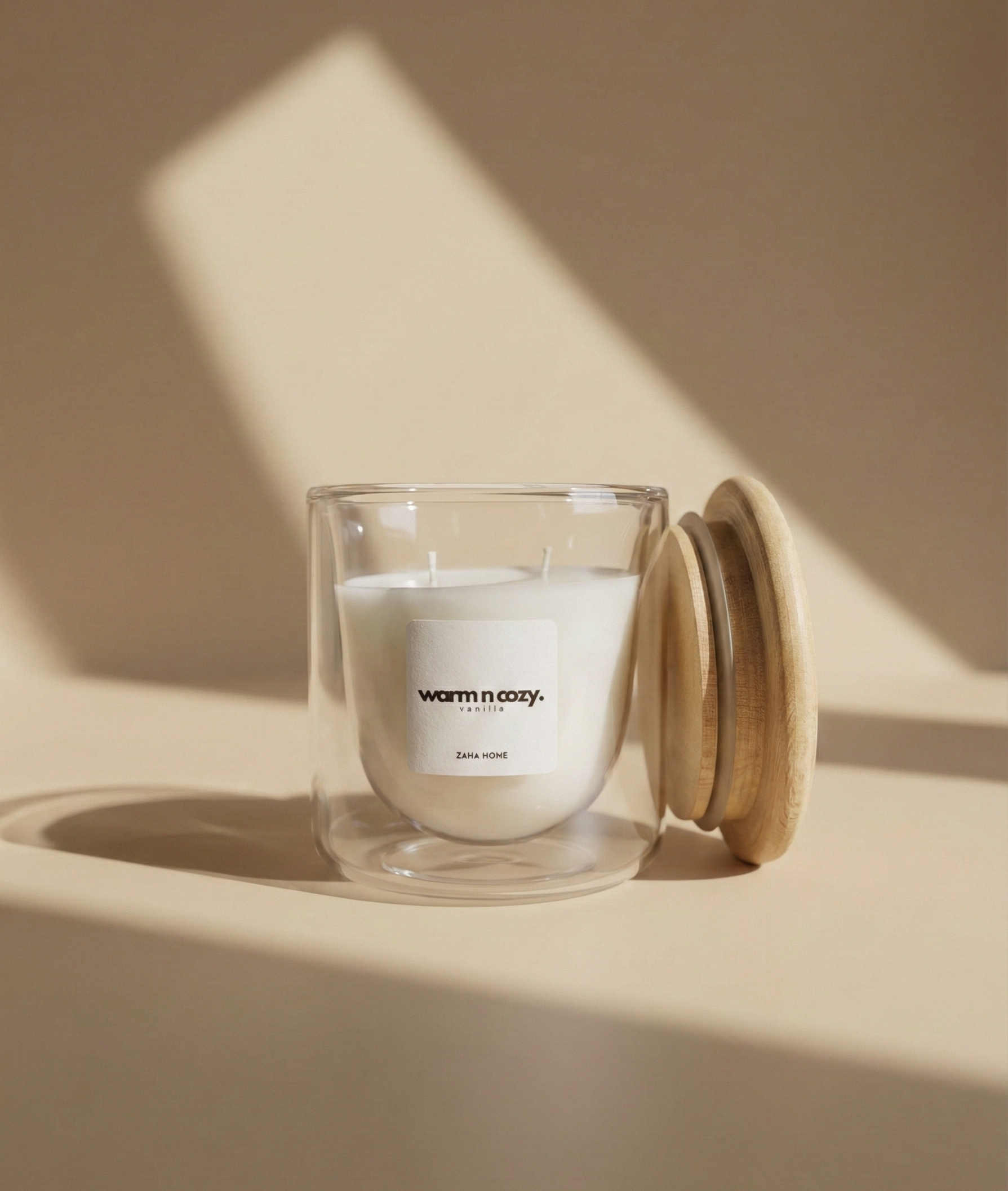 Glass candle with wooden lid on a beige surface