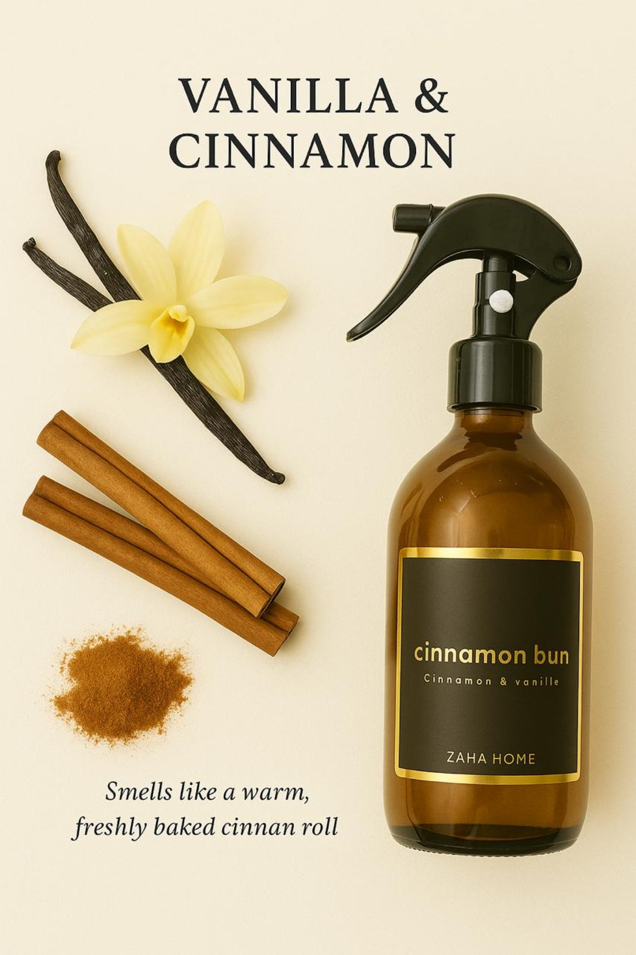 Zaha Home cinnamon bun diffuser bottle with vanilla, cinnamon sticks, and vanilla flower on a beige background