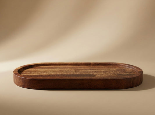 Wooden tray on a beige background