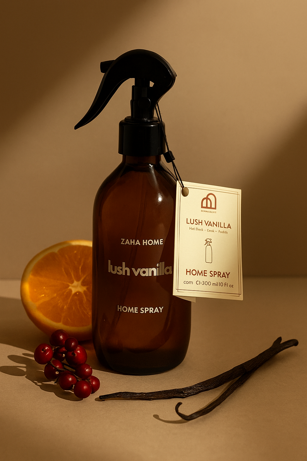 Brown home spray bottle with vanilla label on a brown background