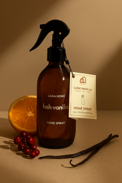 Brown home spray bottle with vanilla label on a brown background