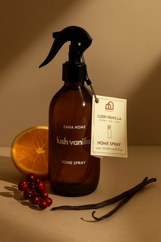 Brown home spray bottle with vanilla label on a brown background